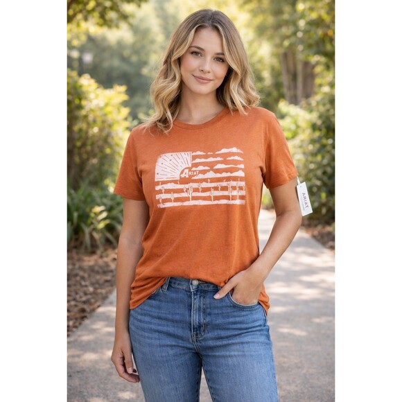 Ariat Tops - Ariat Women’s Small Orange Graphic T-Shirt Western Desert Cactus Flag Short...